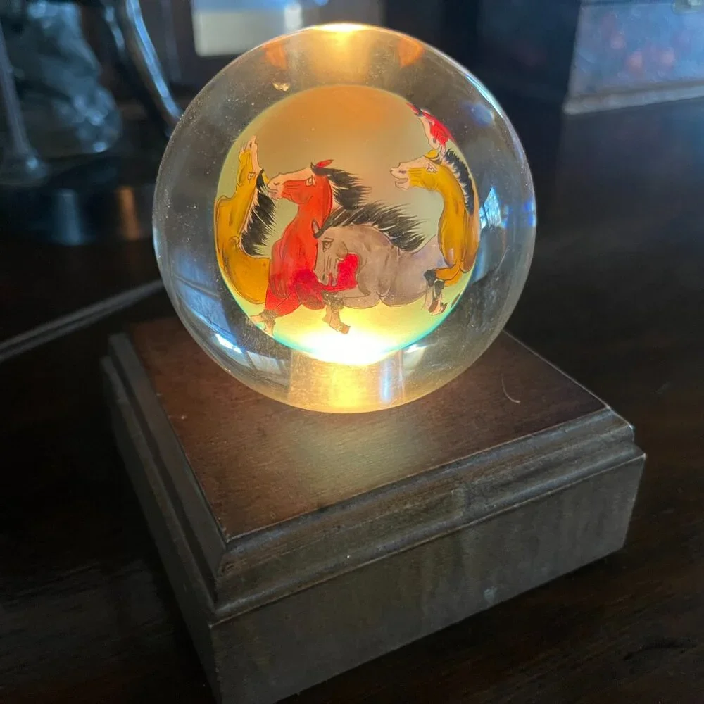 Vintage Chinese Reverse Painting Running Horses Night Light Globe